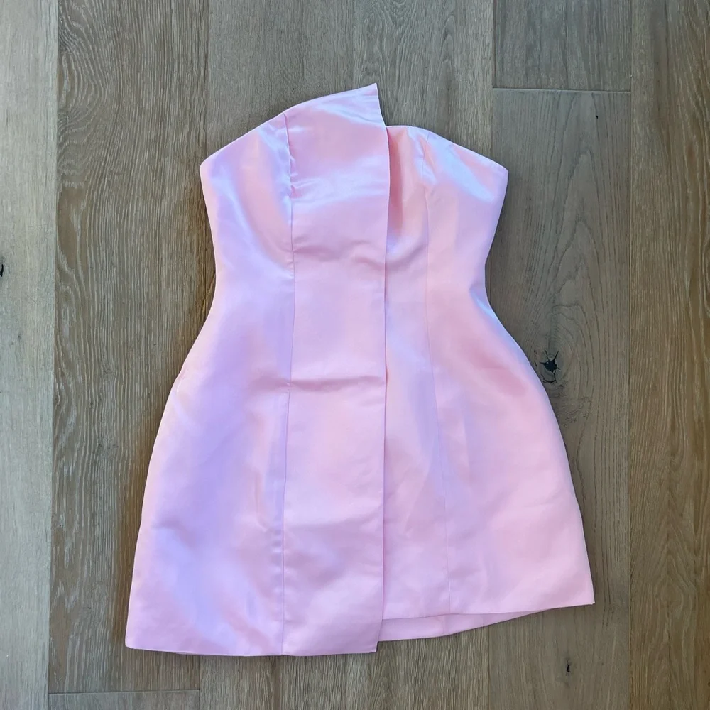 Commense Light Pink Gold Satin Asymmetrical Embellished Strapless Dress Medium - Picture 3 of 14